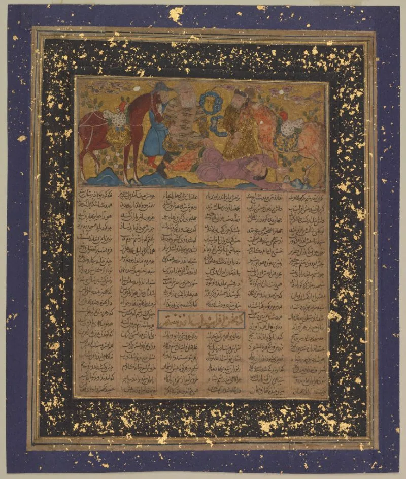 Rustam wrestles and defeats Puladvand, from the Book of Kings (Shahnama) by Firdausi — تصویر رکورد یوروپیانا
