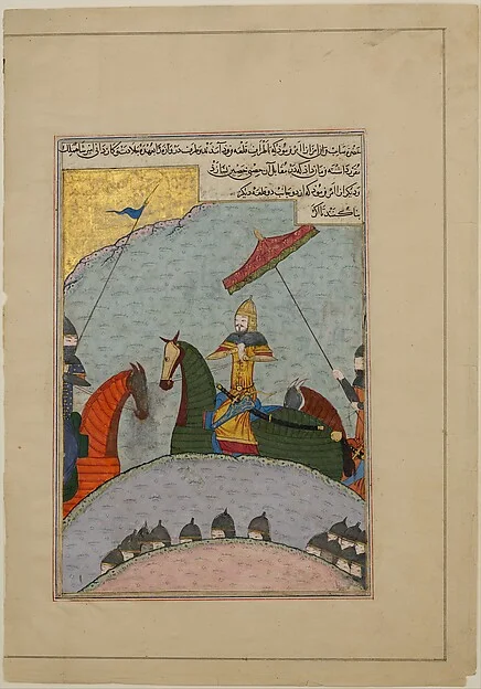 "Timur before Battle", Folio from a Dispersed Copy of the Zafarnama (Book of Victories) of Sharaf al-din 'Ali Yazdi — تصویر رکورد موزهٔ متروپولیتن (دسترسی آزاد)