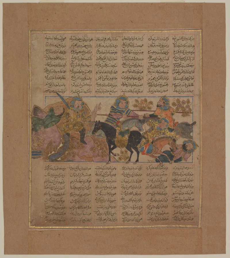 The hero Ruhham chops off the hand of the Turanian wizard Bazur, thus cancelling his weather-spell, from the Book of Kings (Shahnama) by Firdausi — تصویر رکورد یوروپیانا