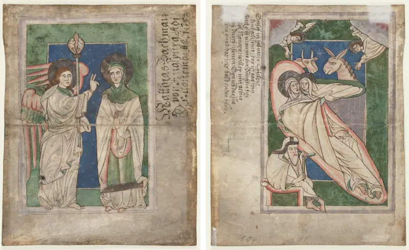 Leaf from a Psalter(?): Annunciation (recto); Nativity (verso) — تصویر رکورد موزهٔ هنر کلیولند (دسترسی آزاد)