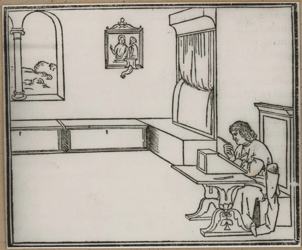 Fotografie der Abbildung eines Holzschnitts aus Francesco Colonnas "Hypnerotomachia Poliphili" zum Thema "Renaissancemobiliar in italienischen Inkunabeln" (vom Bearbeiter vergebener Titel) — تصویر رکورد یوروپیانا
