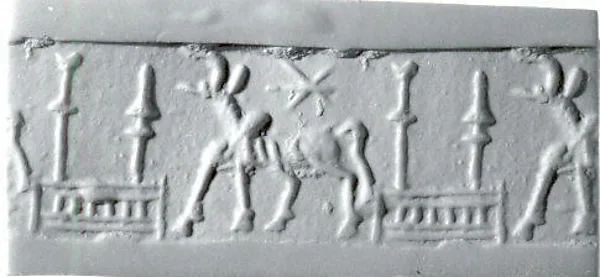 Cylinder seal with animal and divine symbols — تصویر رکورد موزهٔ متروپولیتن (دسترسی آزاد)