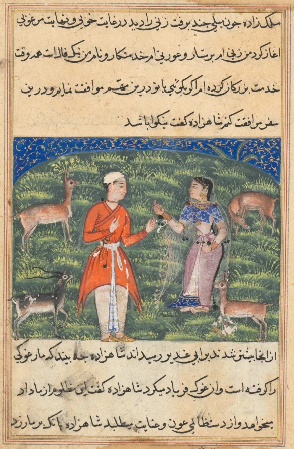 Nikfal, the fortune of the prince in the form of a woman, offers to accompany him, from a Tuti-nama (Tales of a Parrot): Eighteenth Night — تصویر رکورد موزهٔ هنر کلیولند (دسترسی آزاد)