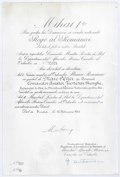 Brevet nr 302/nr16, emis din Sinaia de regele Mihai I (1921-2017), prin care Gheorghe Jienescu, comandor aviator, subsecretar de stat la Ministerul Apărării Naționale, este numit membru al “Ordinului  — تصویر رکورد یوروپیانا