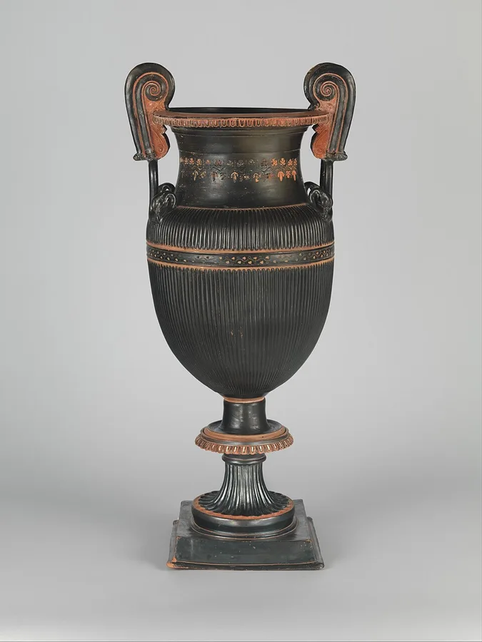 Pair of terracotta volute-kraters (vases for mixing wine and water) with stands — تصویر رکورد ویکیداده