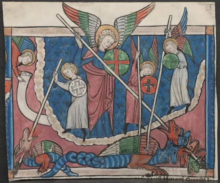 Miniature from a Manuscript of the Apocalypse: The War in Heaven — تصویر رکورد موزهٔ هنر کلیولند (دسترسی آزاد)