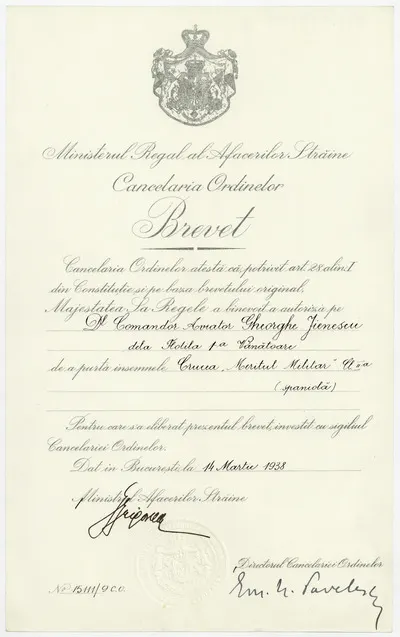 Brevet cu nr.15111/ 9C.O., emis de Ministerul Regal al Afacerilor Străine, Cancelaria Ordinelor, prin care se acordă comandorului aviator, Gheorghe Jienescu, dreptul de a purta decorația spaniolă, Cru — تصویر رکورد یوروپیانا