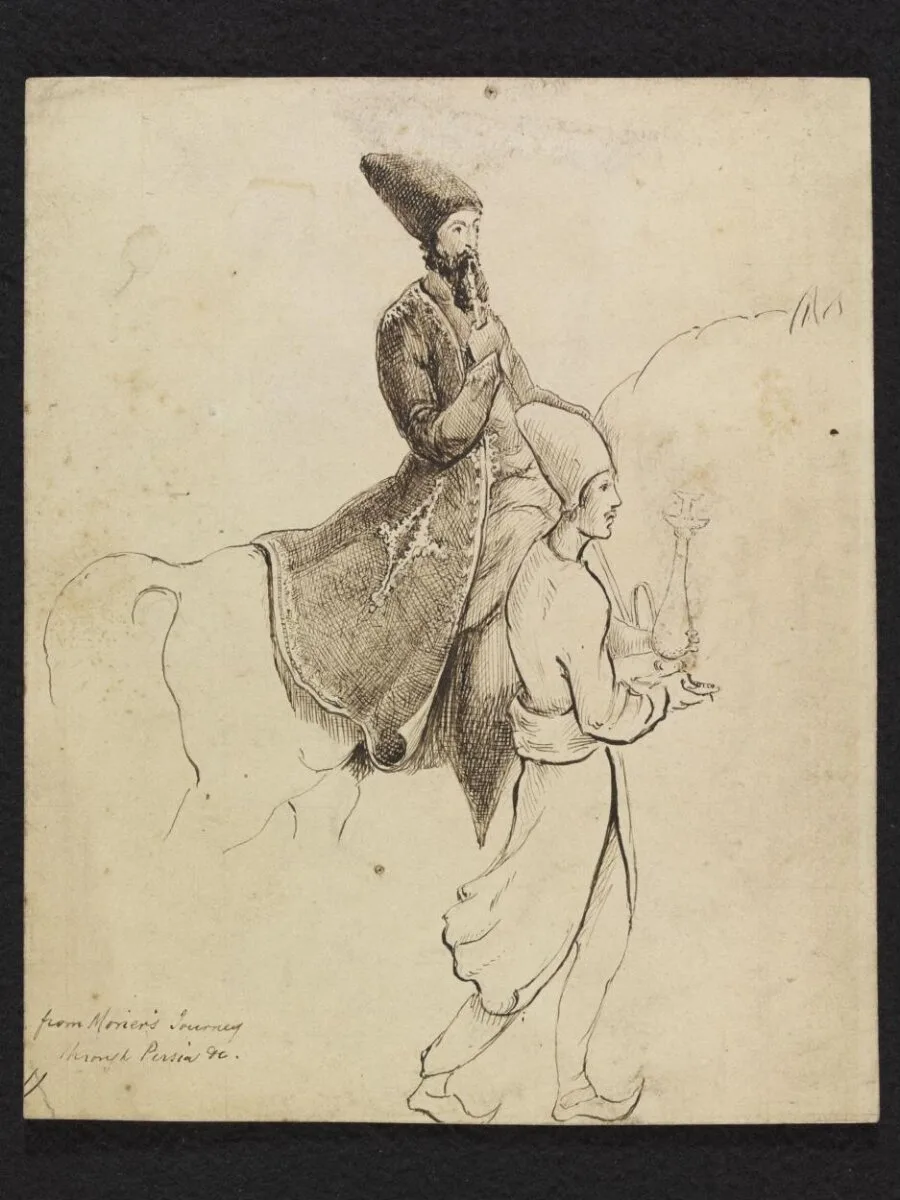 Persian on horseback, smoking a water-pipe, with a servant — تصویر رکورد موزهٔ ویکتوریا و آلبرت