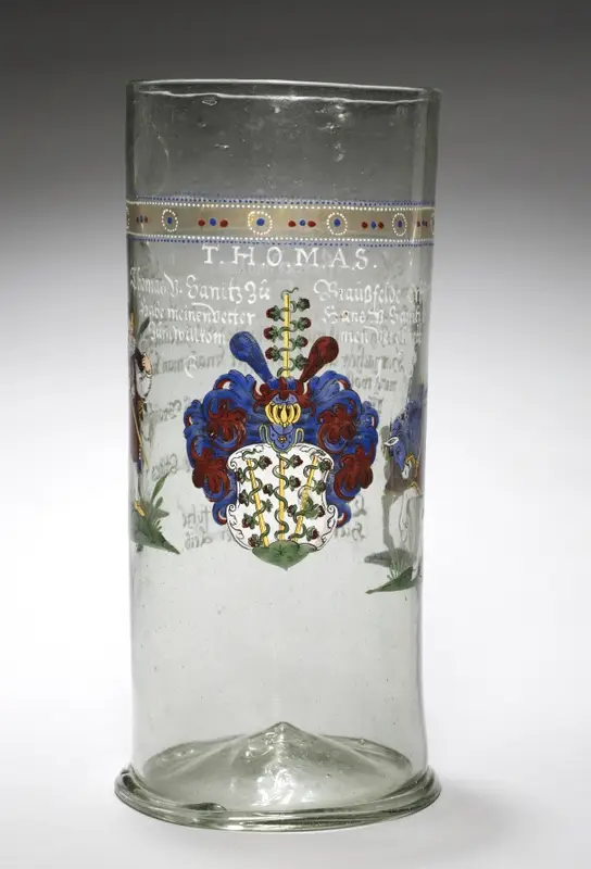 Beaker ("Welcome Glass") with Arms and Inscriptions — تصویر رکورد موزهٔ هنر کلیولند (دسترسی آزاد)