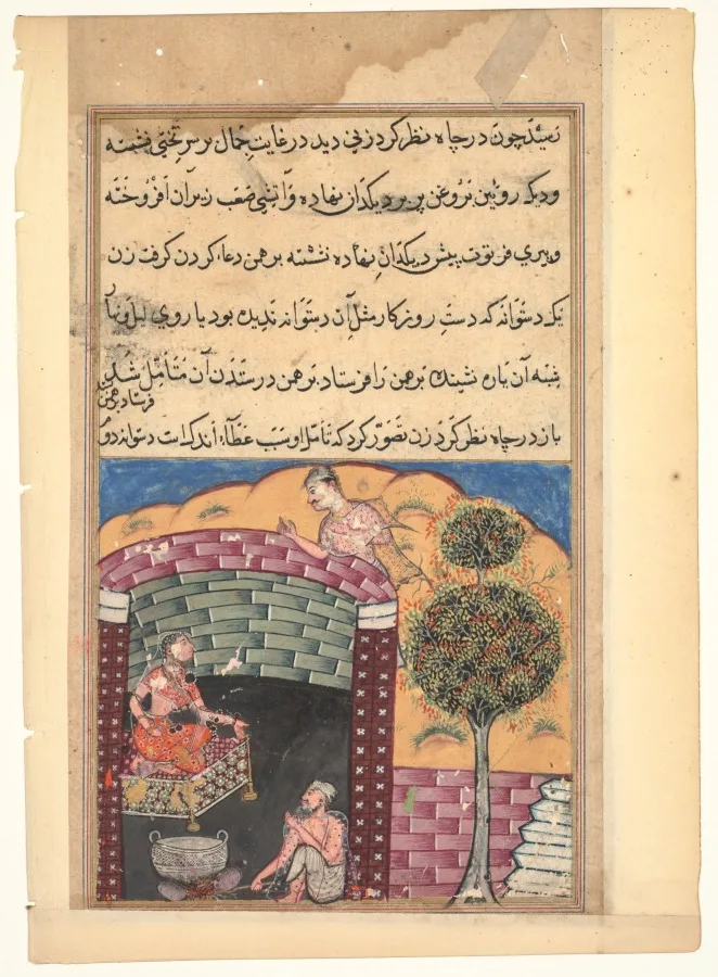 The Brahman gambler sees the daughter of the king of the jinns in a pit together with an old man and a cauldron of boiling oil, from a Tuti-nama (Tales of a Parrot: Seventh Night) — تصویر رکورد موزهٔ هنر کلیولند (دسترسی آزاد)