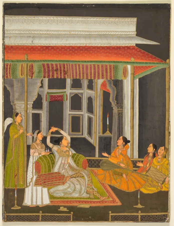 A Princess on a Terrace with Attendants at Night (recto) — تصویر رکورد موزهٔ هنر کلیولند (دسترسی آزاد)