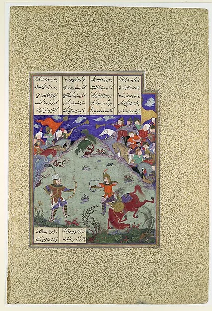 "The Combat of Rustam and Ashkabus", Folio 268v from the Shahnama (Book of Kings) of Shah Tahmasp — تصویر رکورد موزهٔ متروپولیتن (دسترسی آزاد)
