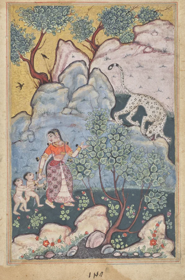 A woman with two children, having abandoned her home, goes into the forest where she encounters a leopard, from a Tuti-nama (Tales of a Parrot): Thirtieth Night — تصویر رکورد موزهٔ هنر کلیولند (دسترسی آزاد)