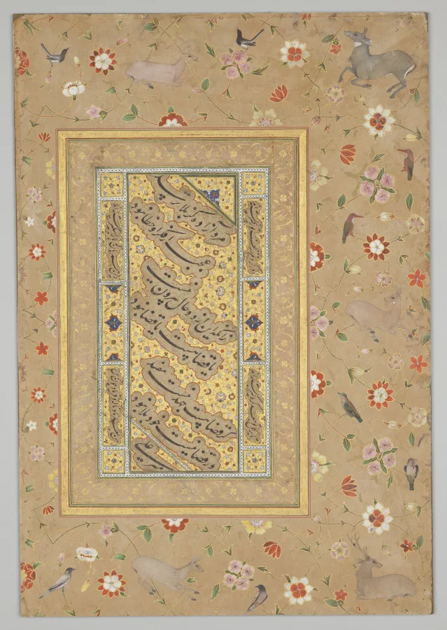 Persian calligraphy framed by an ornamental border of flowers, birds, and deer, from the Late Shah Jahan Album — تصویر رکورد موزهٔ هنر کلیولند (دسترسی آزاد)