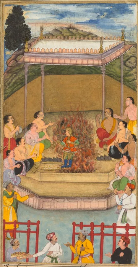 Yaja and Upayaja perform a sacrifice for the emergence of Dhrishtadyumna from the fire, from Adi-parva (volume one) of the Razm-nama (Book of Wars) adapted and translated into Persian by Mir Ghiyath al-Din Ali Qazvini, known as Naqib Khan (Persian, d. 1614) from the Sanskrit Mahabharata — تصویر رکورد موزهٔ هنر کلیولند (دسترسی آزاد)