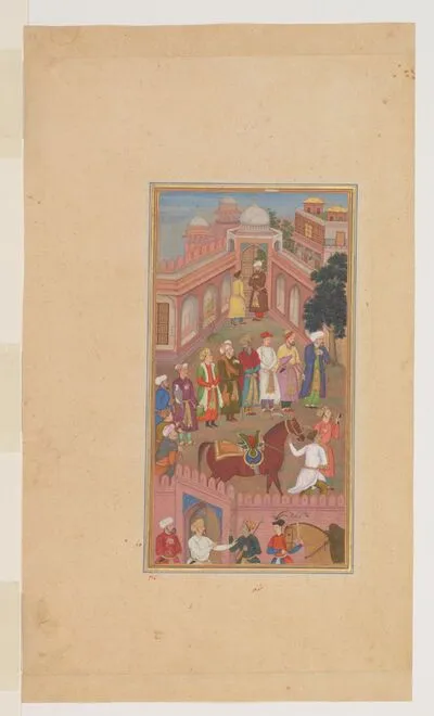 Akbar's courtiers wait for news of his illness in 1561, from the History of Akbar (Akbarnama), by Abu’l-Fazl — تصویر رکورد یوروپیانا