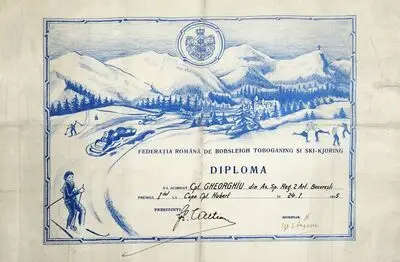 Diplomă acordată de Federația Română de Bobsleigh, Toboganing și Sky-kjoring căpitanului Gheorghiu (premiul I la cupa Hubert) — تصویر رکورد یوروپیانا