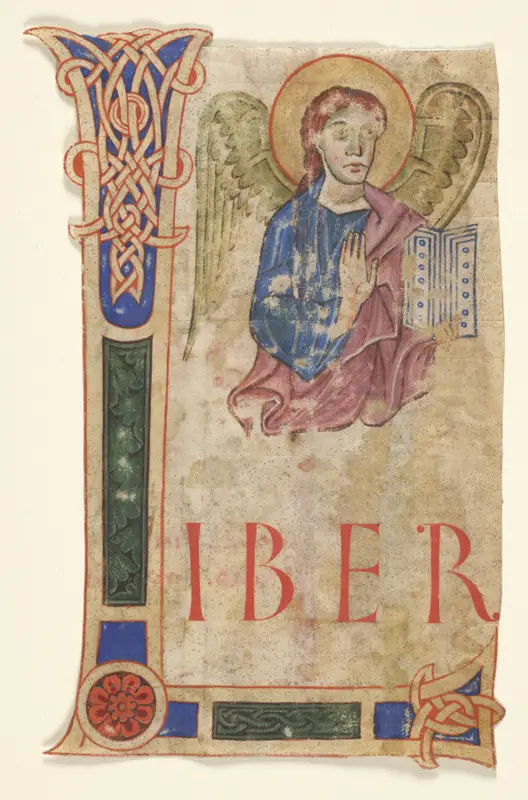 Miniature Excised from a Gospel Book with Initial L[iber generationis]: The Symbol of Saint Matthew (recto) — تصویر رکورد موزهٔ هنر کلیولند (دسترسی آزاد)