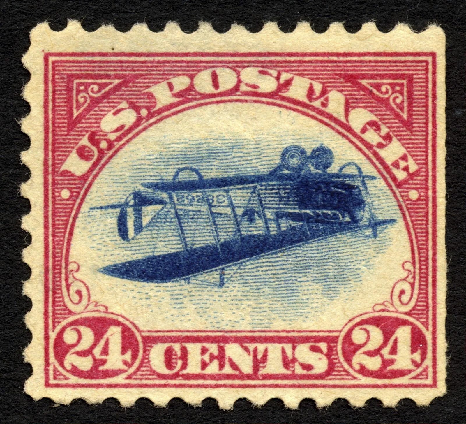 تمبر ۲۴ سنتی Curtiss Jenny با تصویر وارونه — عکس رکورد موزهٔ ملی پست (اسمیتسونیان)