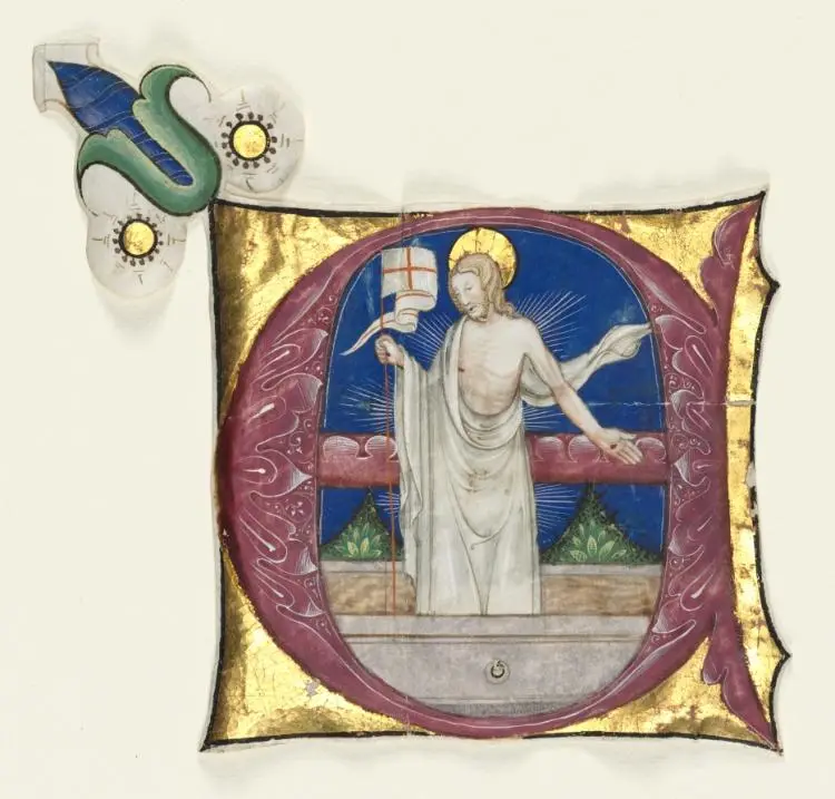 Historiated Initial (E) Excised from an Antiphonary: Risen Christ in the Tomb — تصویر رکورد موزهٔ هنر کلیولند (دسترسی آزاد)