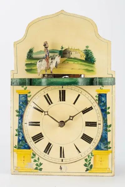 Lackschilduhr mit Schneider auf dem Ziegenbock, Jacob Bäuerle, Furtwangen um 1860 — تصویر رکورد یوروپیانا