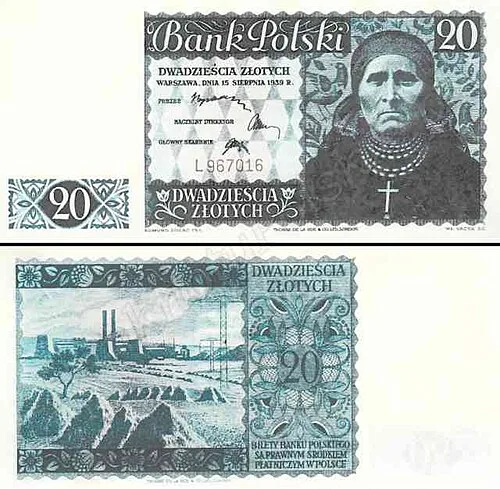 روی اسکناس — 20 złotych لهستان