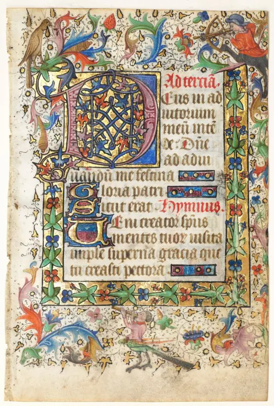 Leaf from a Book of Hours: Decorated Initial D[eus] with Foliated Border (Opening of Terce: Hours of the Holy Spirit) — تصویر رکورد موزهٔ هنر کلیولند (دسترسی آزاد)