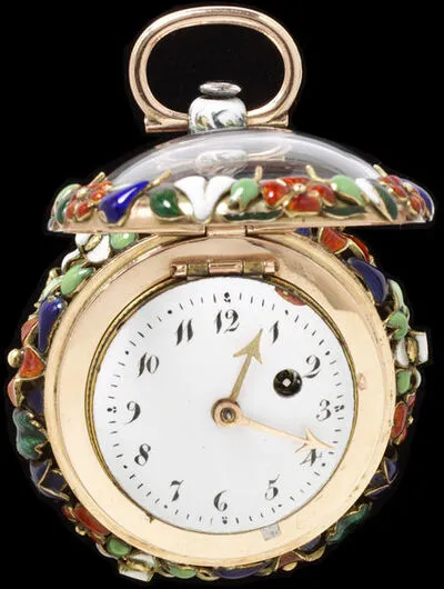 Enamelled gold watch, movement signed 'Dechevaux A Caen', France, about 1760, watchcase, Vienna, about 1880. Enamelled gold watch, fitted with an earlier 1/4 repeating movement with verge escapement b — تصویر رکورد یوروپیانا