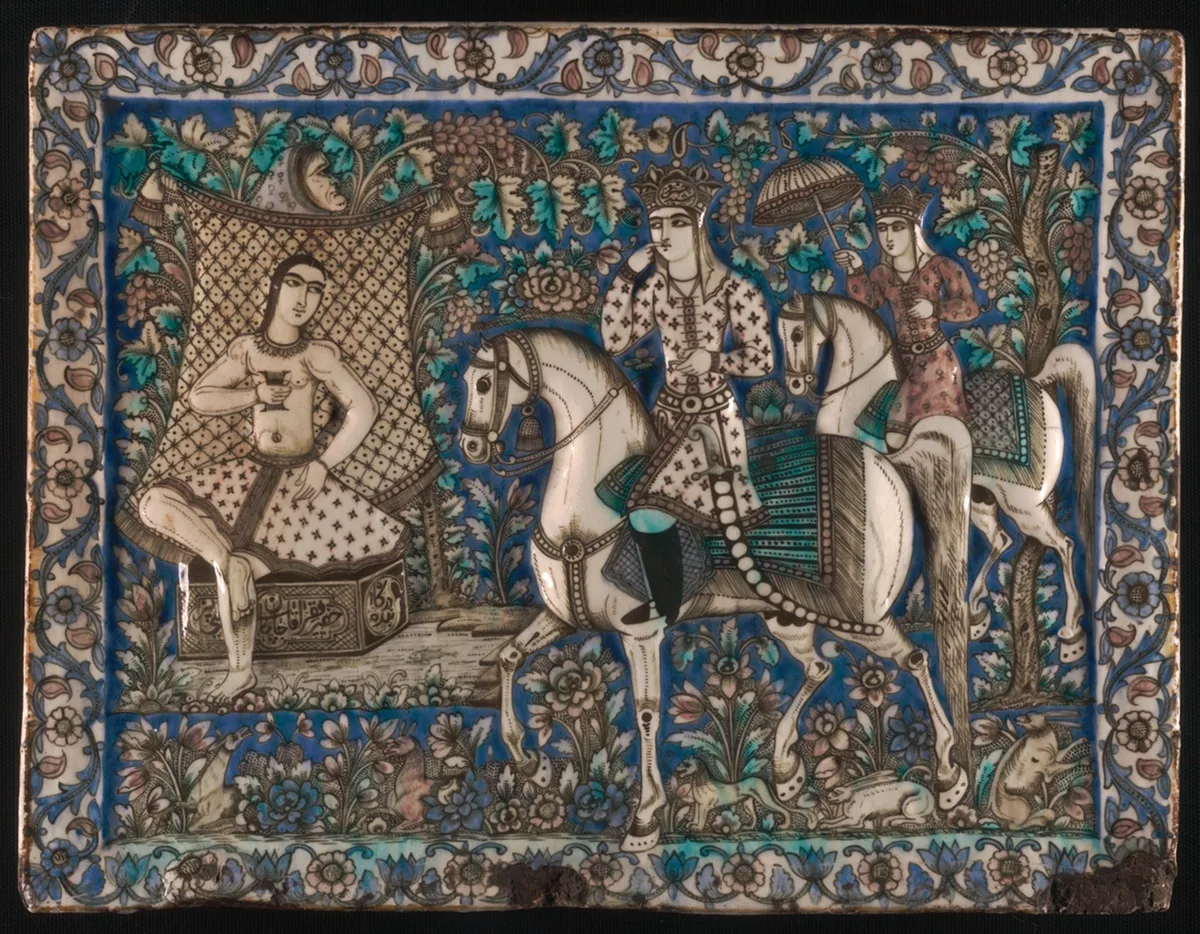 Tile depicting Khusrau Happening upon Shirin Bathing — تصویر رکورد مؤسسهٔ هنر شیکاگو (دسترسی آزاد)