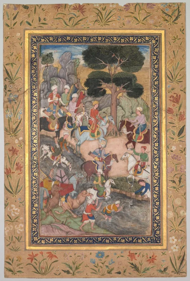 Babur meeting with Sultan Ali Mirza at the Kohik River, from a Babur-nama (Memoirs of Babur) — تصویر رکورد موزهٔ هنر کلیولند (دسترسی آزاد)