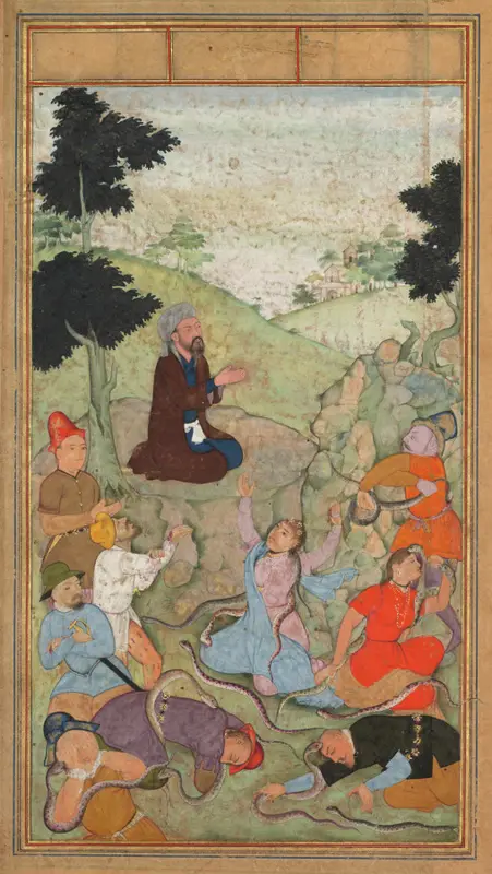 Moses praying to end the serpents’ attack on the Israelites (folio 63 verso), from a Mirror of Holiness (Mir’at al-quds) of Father Jerome Xavier — تصویر رکورد موزهٔ هنر کلیولند (دسترسی آزاد)