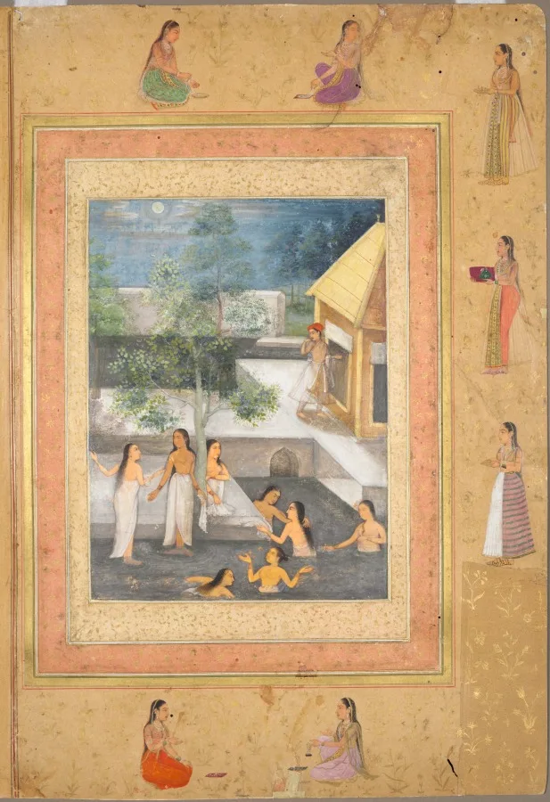 Harem night-bathing scene, from the Late Shah Jahan Album (recto) — تصویر رکورد موزهٔ هنر کلیولند (دسترسی آزاد)