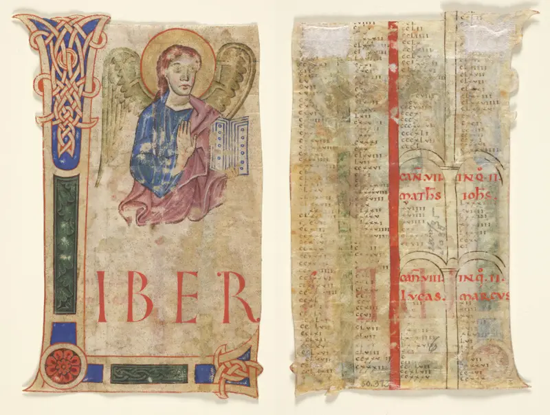 Miniature Excised from a Gospel Book: The Symbol of St. Matthew (recto) and Canon Tables (verso) — تصویر رکورد موزهٔ هنر کلیولند (دسترسی آزاد)