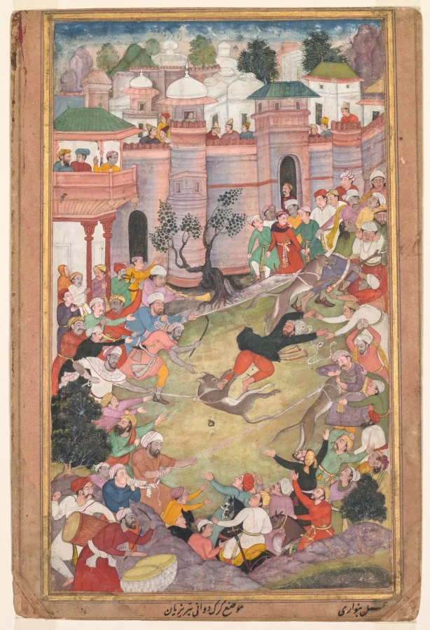 The game of wolf-running in Tabriz, from an Akbar-nama (Book of Akbar) — تصویر رکورد موزهٔ هنر کلیولند (دسترسی آزاد)