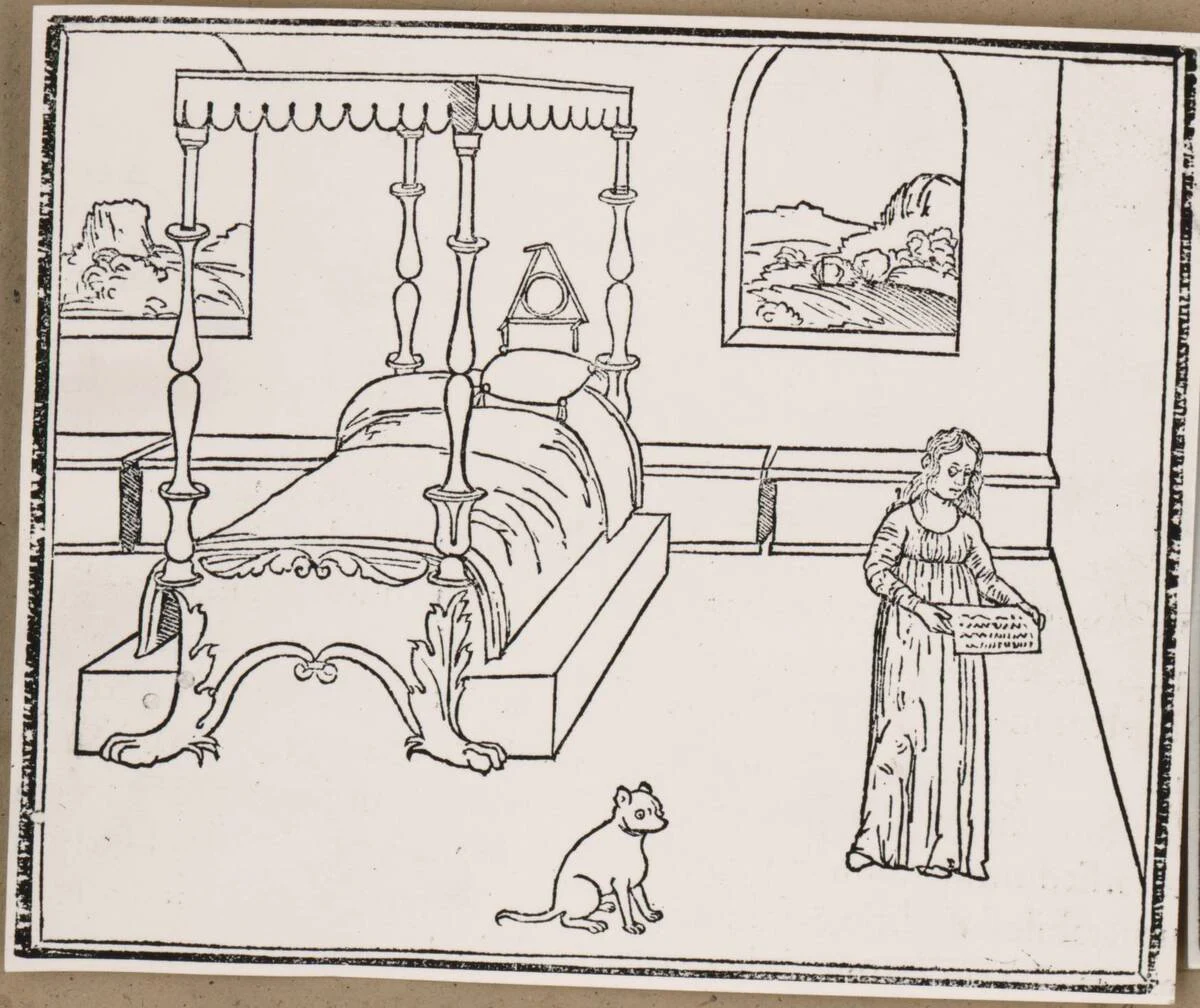Photograph of the illustration of a woodcut from Francesco Colonna’s “Hypnerotomachia Poliphili” on the theme “Renaissance furniture in Italian incunabula” (vom BeFotogravergebener Titel) — تصویر رکورد یوروپیانا