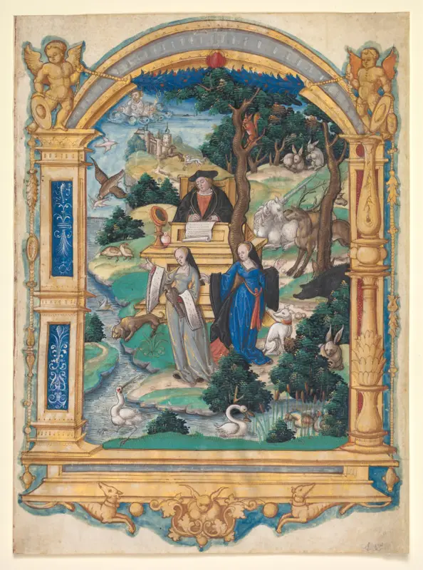 Frontispiece Miniature from the Manuscript of a Poem by Guillaume Crétin: Debate Between Two Women — تصویر رکورد موزهٔ هنر کلیولند (دسترسی آزاد)