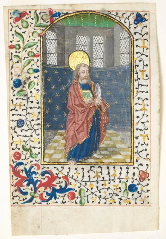 Leaf from a Book of Hours: St. Bartholomew — تصویر رکورد موزهٔ هنر کلیولند (دسترسی آزاد)