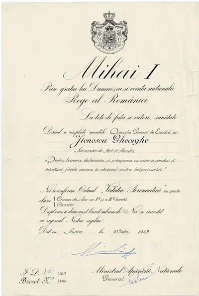 Brevet cu numărul 2404, prin care regele Mihai (1921-2017) acordă generalului de escadră, Gheorghe Jienescu, ordinul “Virtutea Aeronautică” cu spade, clasa cavaler, Crucea de Aur cu I-a și a II-a bare — تصویر رکورد یوروپیانا