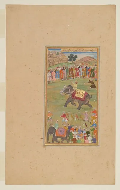 Akbar rides the elephant Fath Mubarak, a diplomatic gift from Golconda, from the History of Akbar (Akbarnama), by Abu’l-Fazl — تصویر رکورد یوروپیانا