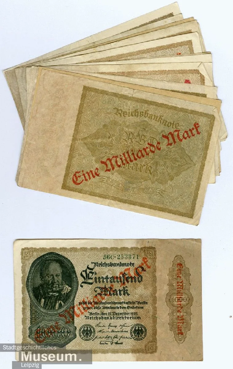 Reichsbanknote über 1. 000 Mark mit Überdruck 1 Milliarde Mark — تصویر رکورد یوروپیانا