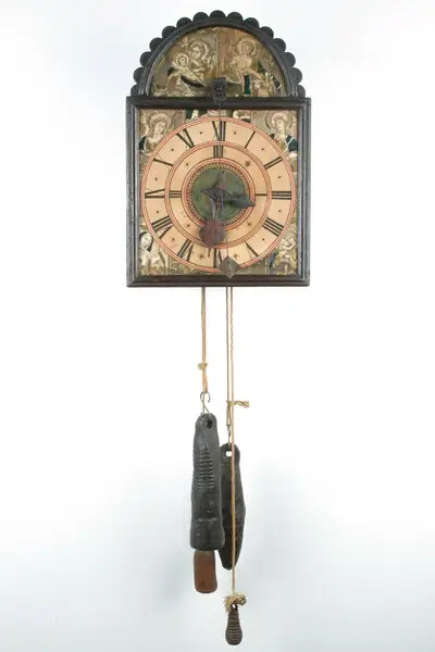 Holzräderuhr, Zeigeranordnung umgekehrt, Deggendorf (Bayern), um 1800 — تصویر رکورد یوروپیانا