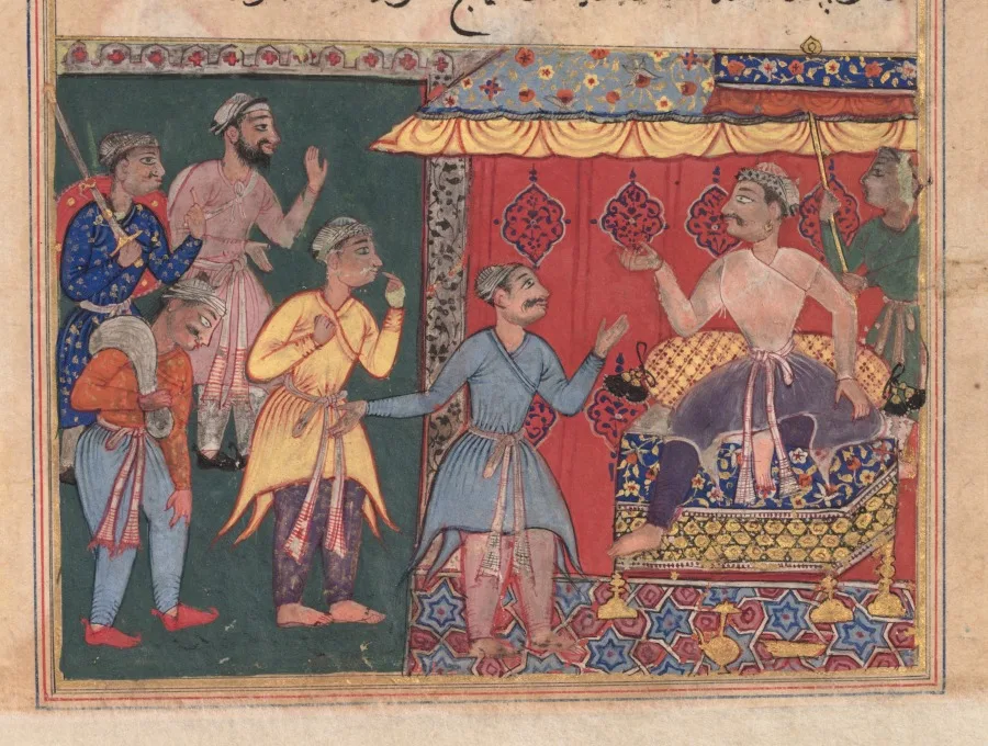 King Bhojaraja tries in vain to ascertain the whereabouts of the pearl from the four travelling companions, from a Tuti-nama (Tales of a Parrot): Twelfth Night — تصویر رکورد موزهٔ هنر کلیولند (دسترسی آزاد)
