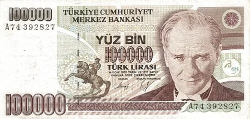 روی اسکناس — 100000 lira ترکیه