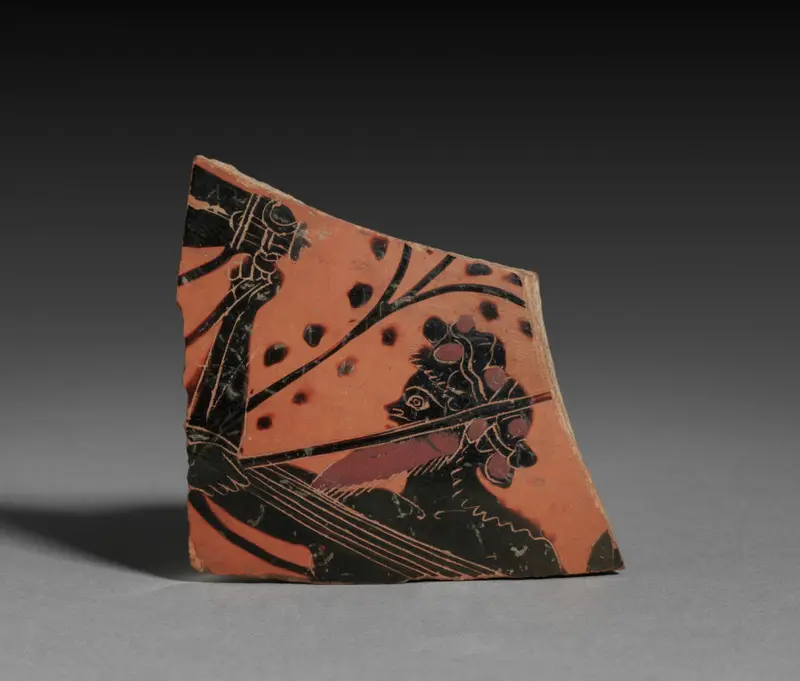 Fragment from Black-Figure Neck-Amphora (Storage Vessel): Satyr and Horse — تصویر رکورد موزهٔ هنر کلیولند (دسترسی آزاد)