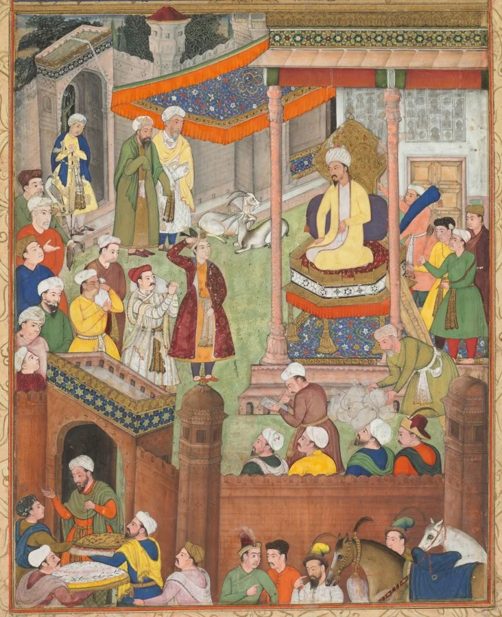 Babur receives booty and Humayun’s salute after the victory over Sultan Ibrahim in 1526, from an Akbar-nama (Book of Akbar) of Abu’l Fazl (Indian, 1551–1602) — تصویر رکورد موزهٔ هنر کلیولند (دسترسی آزاد)