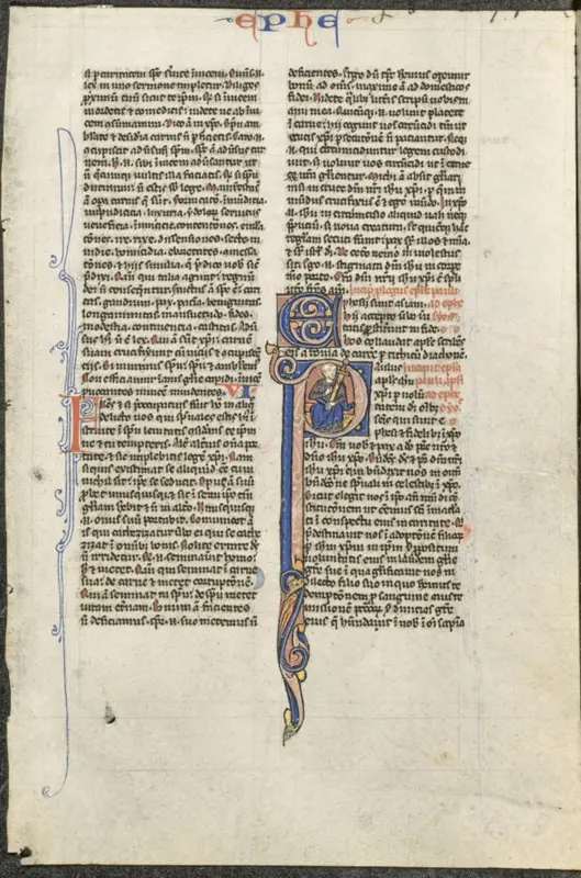 Leaf from a Latin Bible: Initial P with St. Paul Holding a Sword (St. Paul's Epistle to the Ephesians) — تصویر رکورد موزهٔ هنر کلیولند (دسترسی آزاد)