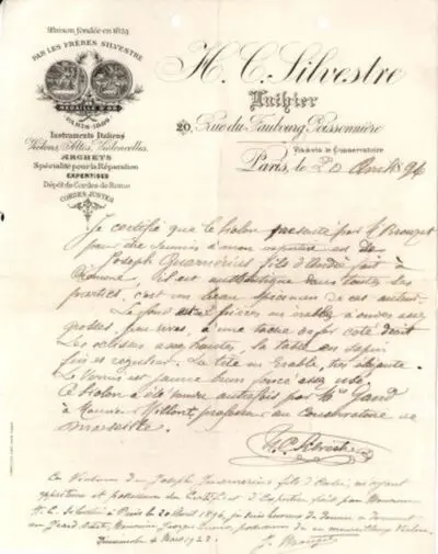 Certificat de autenticitate pentru o vioară Guarnieri del Gesu, care a aparținut lui Enescu, George — تصویر رکورد یوروپیانا