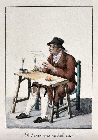 A man sits at a desk reading what he has written with his quill pen. Coloured lithograph. — تصویر رکورد یوروپیانا