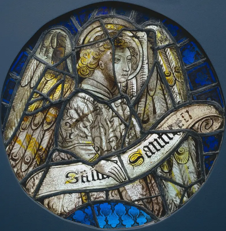 Stained Glass Roundel with an Angel Holding a Scroll — تصویر رکورد موزهٔ هنر کلیولند (دسترسی آزاد)