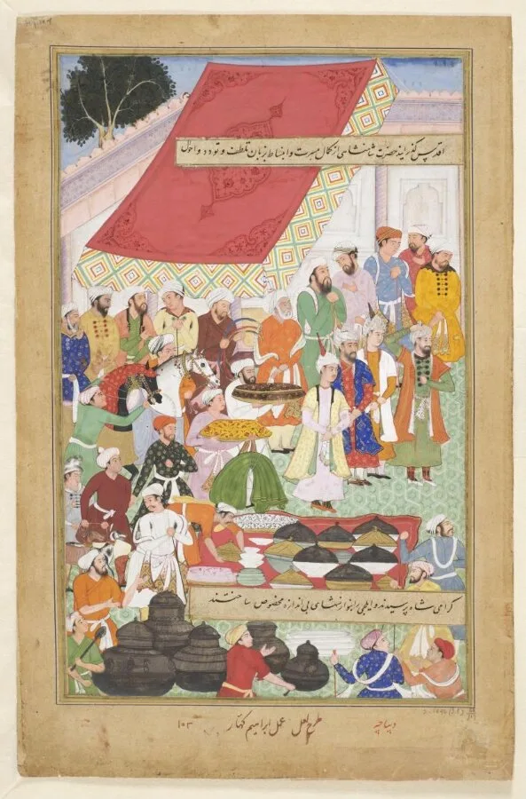 Akbar Receives the Iranian Ambassador Sayyid Beg in 1562 — تصویر رکورد موزهٔ ویکتوریا و آلبرت